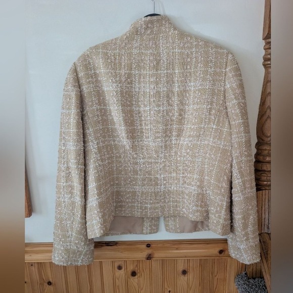 Ann Taylor Stand Collar Tweed Beige Classic Preppy Jacket Blazer Size 14 - Picture 8 of 10